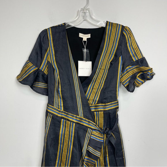 Honey Punch Linen Black Striped Ruffled Mini Wrap Dress Puff Sleeve NWT Boho S - Picture 7 of 16